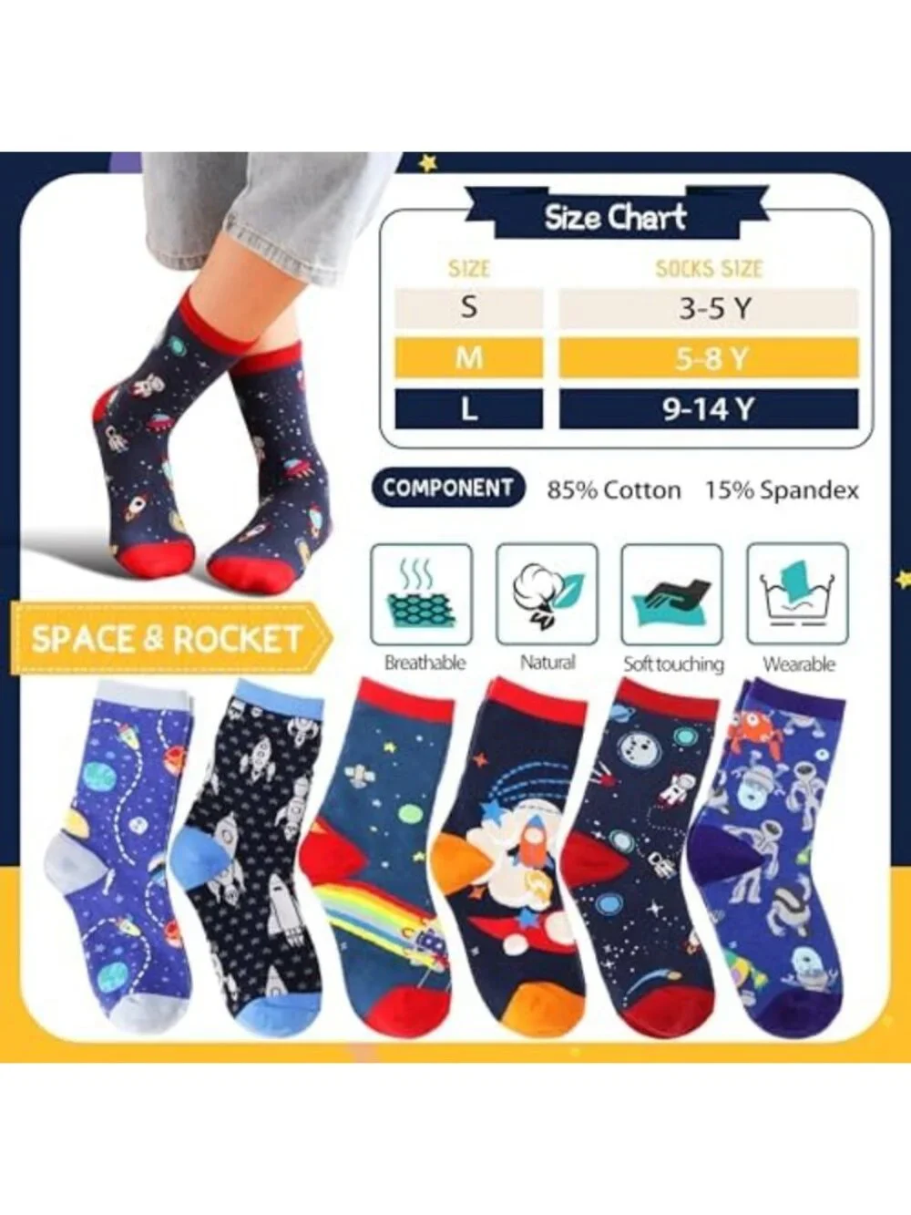 6 Pairs Fun Crazy Novelty Crew Socks for Boys - Colorful Cotton Kids' Socks